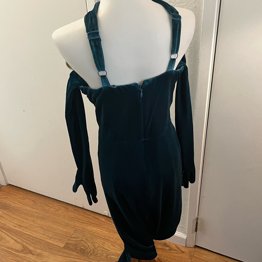 Vixen by Micheline Pitt Teal Velvet Halter Gown Matching Gloves INCLUDED size M - Picture 5 of 6